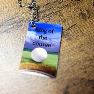 King of the Course metal keychain with golf ball, mens, bag charm, backpack, key